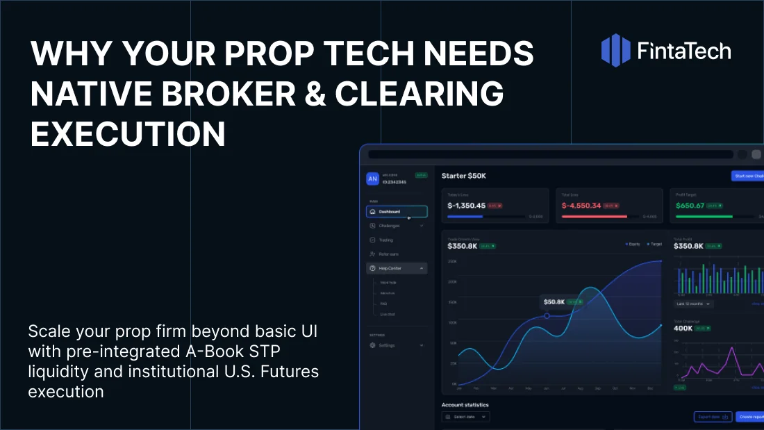 Fintatech white-label prop firm platform with native CRM database and multi-model risk engine interface.